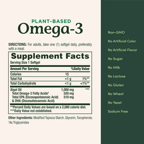 Miniatura 5 de Nature's Bounty Omega 3, suplemento de ácidos grasos omega 3 de origen vegetal, 520 mg, apoya la salud de todo el cuerpo, incluyendo corazón, piel