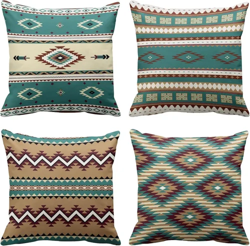 Emvency Juego de 4 fundas de almohada étnicas del suroeste de color marrón, turquesa, patrón tribal nativo, sin costuras, decorativas, decoración