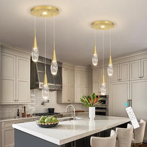 Miniatura 6 de 3 luces LED colgantes para isla de cocina, lámpara regulable dorada, moderna iluminación colgante de cristal para comedor, dormitorio, sala