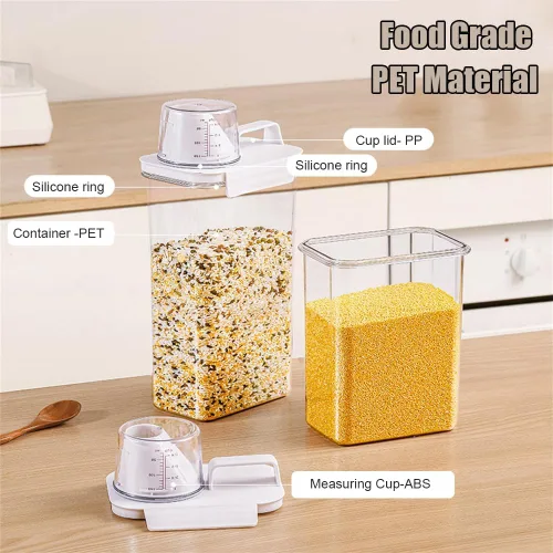 Miniatura 4 de 2 recipientes de almacenamiento dispensadores de arroz, cubo de arroz pequeño de 1.1 L con taza medidora y boquilla de vertido, recipiente hermético