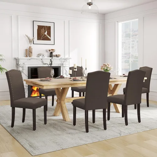 Miniatura 22 de LSSPAID Juego de 4 sillas de comedor, modernas y cómodas sillas Parsons tapizadas de lino con ribete de cabeza de clavo de bronce y patas de madera
