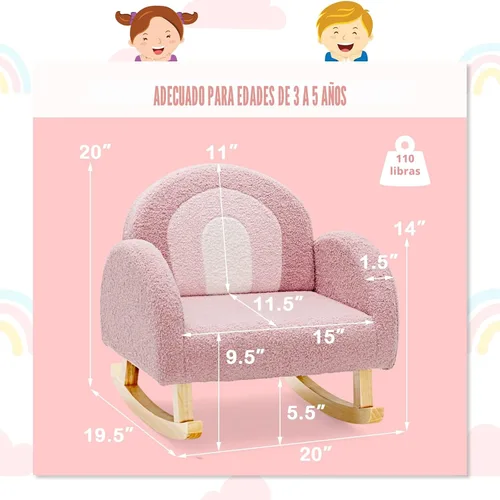 Miniatura 3 de INFANS Sofá para niños, mecedora para niños pequeños con marco de madera maciza, diseño antivuelcos, tela de felpa, sillón infantil para guardería
