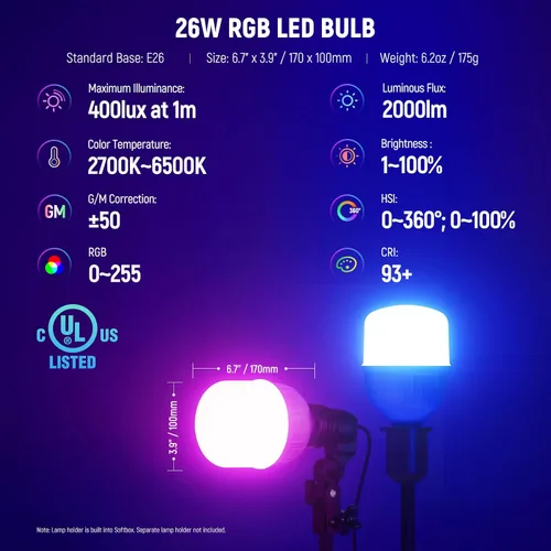 Miniatura 2 de NEEWER Paquete de 2 kits de iluminación RGB equivalente a 520 W con control de aplicación y 9 efectos, bombillas LED de 26 W CRI93+ TLCI98+