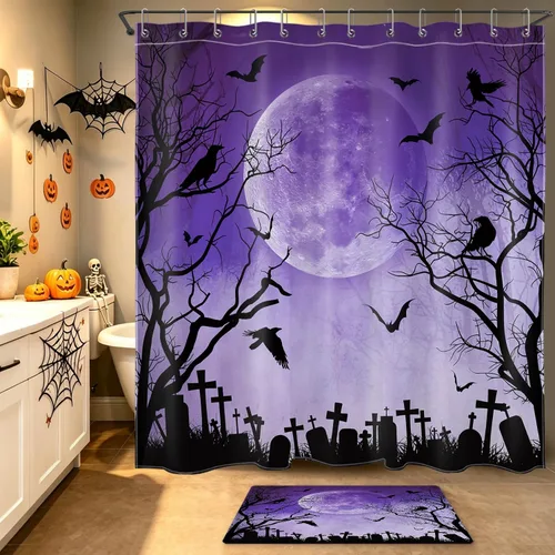 Miniatura 16 de Cortina de ducha de Halloween, cuervo negro, murciélago y árbol muerto en un bosque brumoso espeluznante con ganchos, cortina de baño de noche