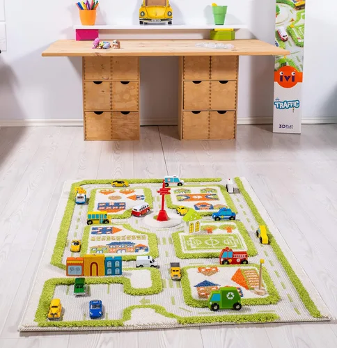 Miniatura 8 de IVI Alfombra de juego gruesa 3D para niños con diseño de ciudad colorida con campo de fútbol, estacionamiento y carreteras, azul, 32 x 45 pulgadas