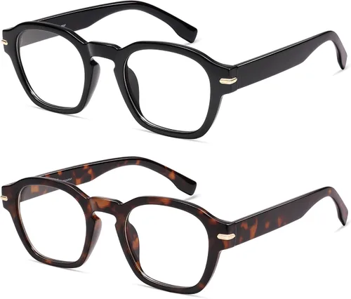 Miniatura 2 de AMOMOMA Paquete de 2 lentes de lectura cuadrados retro para mujeres y hombres, marco de lectura de computadora con luz azul AM6204