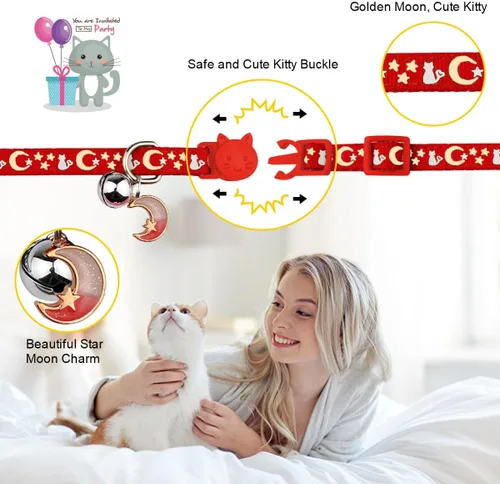 Miniatura 3 de Baeuppit 2 piezas de collares de gato separables con campana, lindos collares ajustables para gatitos que brillan en la oscuridad (Rojo y Morado)