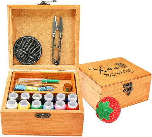 Kit de costura, caja de madera para adultos, cesta de costura de madera con accesorios, kit de reparación de costura para principiantes, mujeres,
