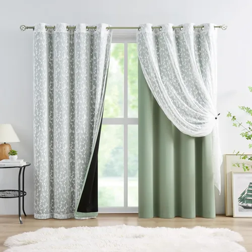 Miniatura 13 de Jubilantex Cortinas opacas completas + paneles de ventana transparentes con hojas, juego de tratamiento de ventana de doble capa estilo mezcla