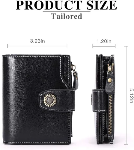 Miniatura 3 de FALAN MULE - Cartera pequeña plegable para mujer de cuero genuino, compacta, con bloqueo RFID, Negro), 5206