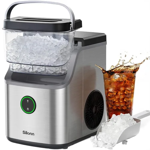 Silonn Nugget Ice Maker - Máquina de hielo para encimera, cesta de hielo con asa, funcionamiento silencioso y máquina de hielo autolimpiante, hielo