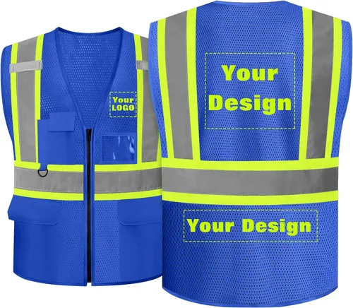 Miniatura 11 de Chaleco de seguridad de malla personalizado con LOGOTIPO Chaleco reflectante de alta visibilidad con 5 bolsillos y cremallera Azul personalizado