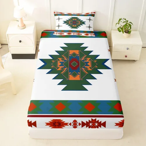 Miniatura 45 de Juego de ropa de cama occidental tamaño individual, sábanas aztecas, estilo nórdico exótico, bohemio, sábana bajera ajustable de tribu india