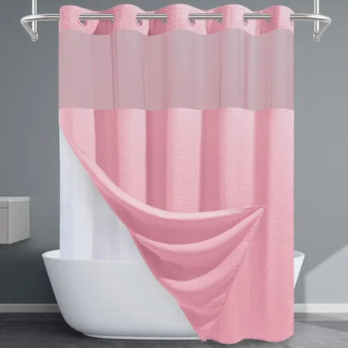 Miniatura 37 de EUTXL Cortina de ducha beige sin gancho con forro a presión, cortinas de ducha de tejido gofre de 230 GSM para baño, 54 pulgadas de ancho x 80