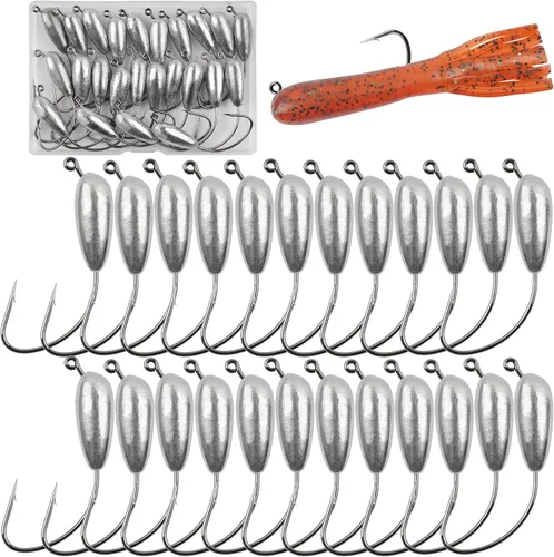Miniatura 9 de Ganchos de cabeza de plantilla de pesca, 12/24 piezas de ganchos de cabeza de tubo para pesca de lubina, sin pintar, tubo de gota de agua, anzuelo