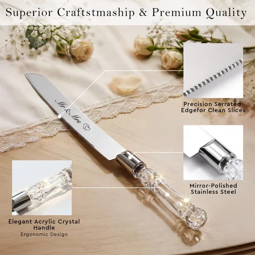 Miniatura 4 de AW BRIDAL Sr. Sra. Juego de cuchillo y espátula para pastel de boda, juego de corte de pastel plateado para boda, cortador de pasteles y servidor