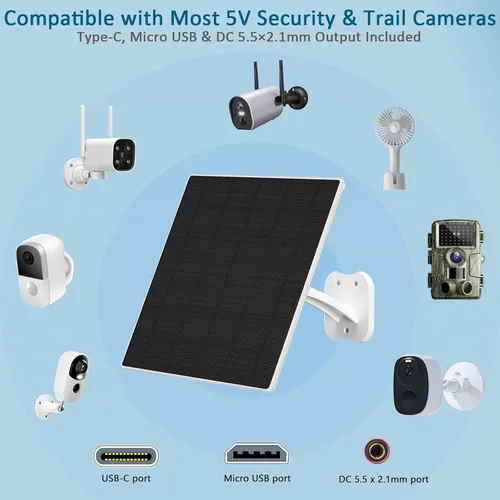 Miniatura 3 de Zivif Panel Solar de 8W para Cámaras de Seguridad, Cargador de Panel Solar para Cámara con Cable USB-C, DC 5.5x2.1mm y Puerto Micro USB, Resistente