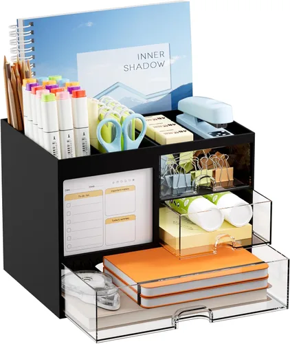 Miniatura 8 de Marbrasse Organizador de Escritorio con 3 Cajones, Soporte Multifuncional para Lápices y Bolígrafos para Escritorio, Organizador de Escritorio