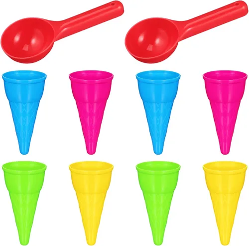 Kisangel Juego de 10 piezas de cono de helado de plástico para niños, juego de cucharadas de helado al aire libre, juguetes de arena para juegos de