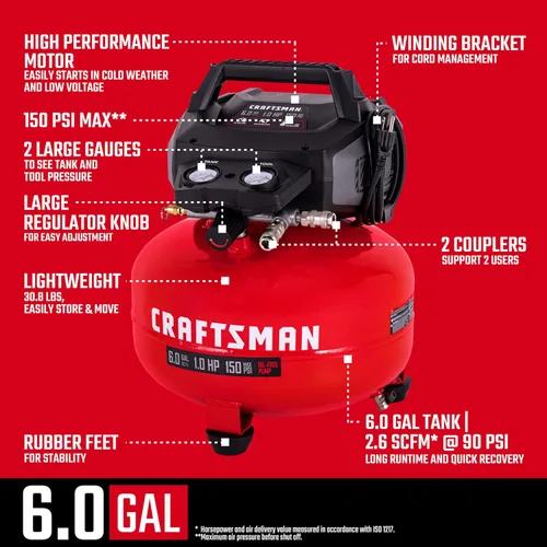 Miniatura 3 de Craftsman Compresor de Aire Tipo Panqueque de 6 Galones Kit Combo de 4 Herramientas, 150 PSI, Libre de Aceite, Incluye Clavadora de Acabado 16GA