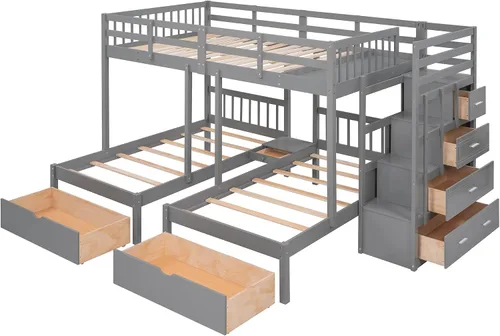 Miniatura 4 de Literas de tamaño matrimonial sobre individual e individual, litera triple de madera con cajones de almacenamiento, barandillas y escalera para 3