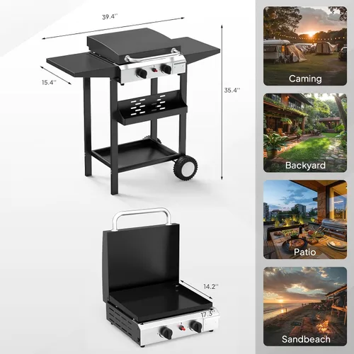 Miniatura 6 de Bonnlo Plancha de Propano de 20000BTU con Tapa e Ignición, Parrilla de Gas de Superficie Plana de Pie con Ruedas Rodantes Portátiles y Estante