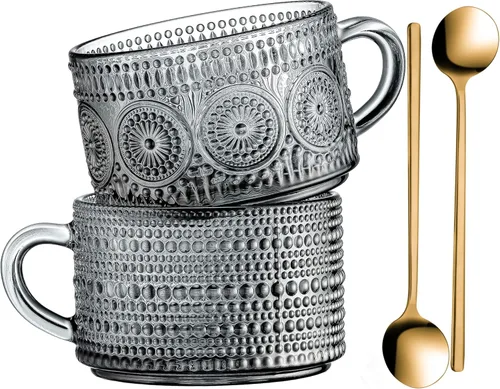Miniatura 10 de Gezzeny Tazas de café vintage con platillos de 14 onzas, juego de 2 tazas de vidrio en relieve, tazas de té, tazas de café de vidrio para capuchino