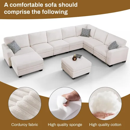 Miniatura 6 de Legend Vansen - Sofás seccionales para sala de estar, sofá en forma de L de corduroy con otomana para sala de estar, dormitorio y apartamento Crema