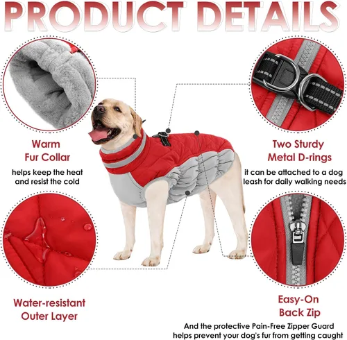 Miniatura 3 de AOFITEE Abrigo para perro, abrigo cálido de invierno para perros pequeños, chaqueta reflectante de cuello alto para perros con arnés integrado, Rojo