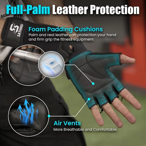 Miniatura 2 de Guantes de entrenamiento de cuero para hombres y mujeres, guantes antideslizantes para levantamiento de pesas, gimnasio y ciclismo con malla