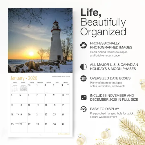 Miniatura 2 de RED EMBER Great Lakes Lighthouses 2026 - Calendario de pared de 12 meses, 12 x 24 pulgadas, abierto, papel grueso y resistente, regalo