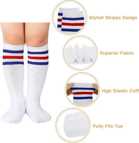 Miniatura 4 de Komorebi Calcetines de fútbol para niños, calcetines de tubo hasta la rodilla, calcetines de tres rayas de algodón, uniforme deportivo para niñas