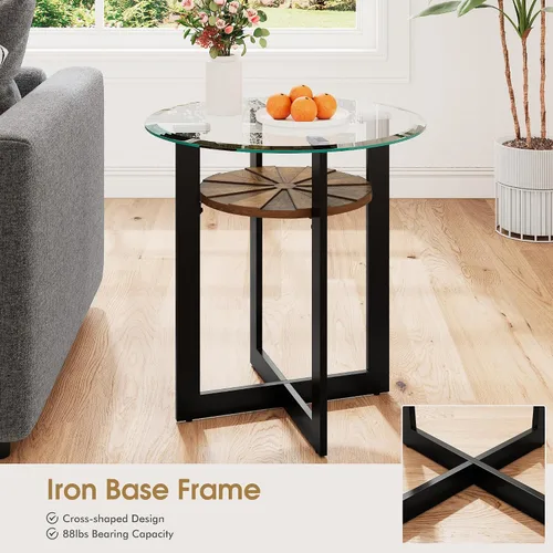 Miniatura 5 de Mesa auxiliar redonda de vidrio negro de 2 niveles, mesa auxiliar circular para sofá con vidrio templado de 0.315 in, mesa de noche transparente