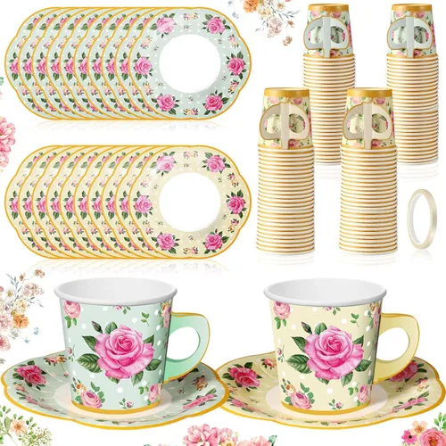 Miniatura 7 de Umigy 60 juegos de decoraciones para fiestas de té, 6.5 onzas, tazas de té de papel floral de hadas con asa y platos, juegos de tazas de té y Azul