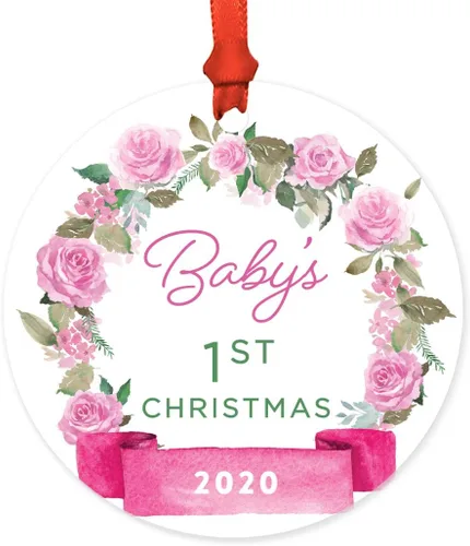 Miniatura 57 de Andaz Press Adorno de Navidad de madera grabado con láser para aniversario de boda, 1 año juntos, Navidad 2025, pancarta de flores rosas, 1 paquete