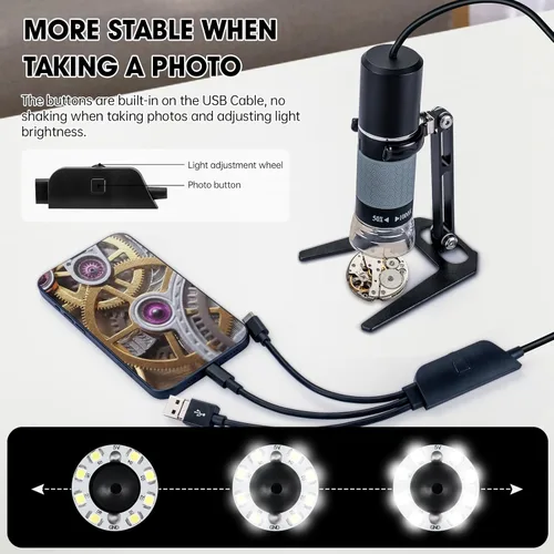 Miniatura 5 de Microscopio USB 1080P con soporte de metal, cámara de microscopio digital de mano 50X-1000X compatible con iPhone/Android/Windows/Mac Negro