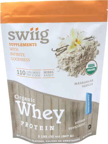 swiig Proteína orgánica de suero (vainilla), concentrado, sin sabores artificiales, colores o edulcorantes, sin rellenos, bolsa de 2 libras