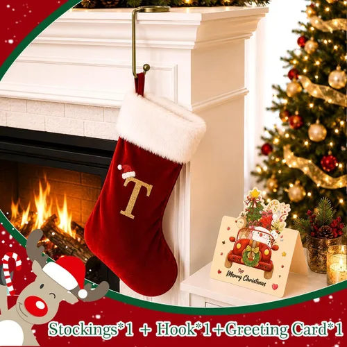 Miniatura 4 de Calcetines de Navidad personalizados con monograma, con inicial familiar, 20 pulgadas, puño de felpa blanca supersuave con cuerpo de terciopelo rojo