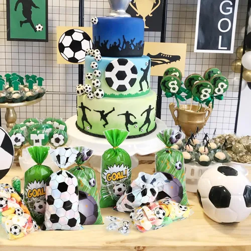 Miniatura 4 de Kesote Bolsas de celofán de fútbol, 100 piezas de bolsas de dulces de regalo de fútbol con lazos para fiesta de cumpleaños de fútbol