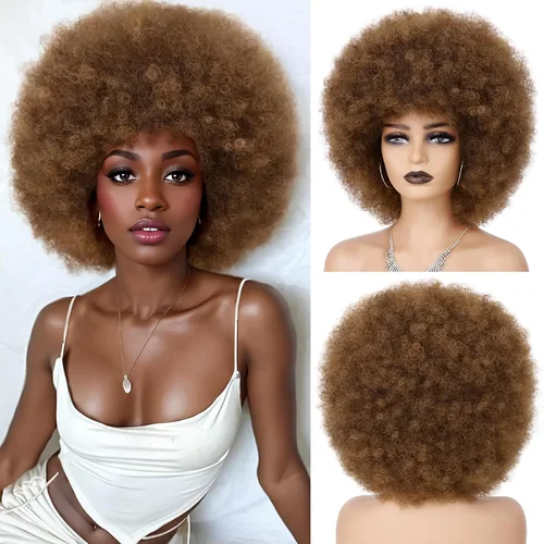 Miniatura 18 de Pelucas afro de los años 70 para mujeres negras, sin pegamento, peluca rizada afro soplada, resistente al calor, pelucas sintéticas para uso diario