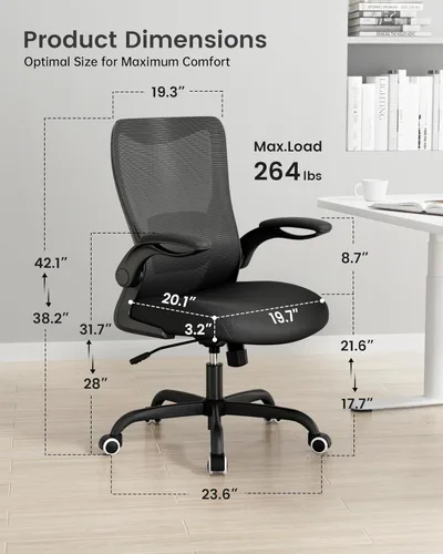 Miniatura 2 de MUXX.STIL Silla de oficina, silla de escritorio ergonómica con soporte lumbar ajustable y reposabrazos abatibles, silla de computadora de malla Negro