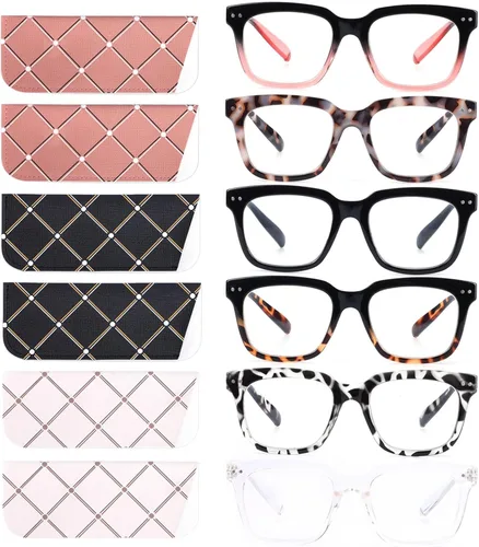 Paquete de 6 lentes de lectura de moda para mujeres y hombres, bloqueo de luz azul, lectores cuadrados de gran tamaño con bisagra de resorte Paquete