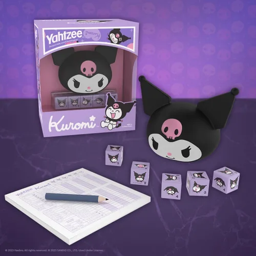 Miniatura 7 de YAHTZEE: Kuromi Taza de dados de cabeza Kuromi coleccionable Dados con su adorable gama de emociones Juego de dados clásico basado