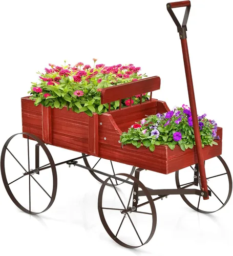 Miniatura 10 de Giantex Maceta decorativa para jardín, carrito pequeño con ruedas de metal, camas elevadas de madera, soporte para macetas para patio trasero, Gris
