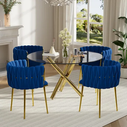 Miniatura 38 de Juego de mesa redonda dorada para 4, juego de mesa de comedor de 39'' con tapa de vidrio transparente, juego de mesa de cocina circular moderna de 5