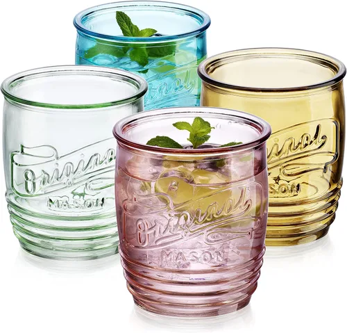 Glaver's Juego de 4 vasos originales Mason Collins de colores surtidos para jugo, batidos, cócteles, tazas de vidrio finas para bebidas (whisky