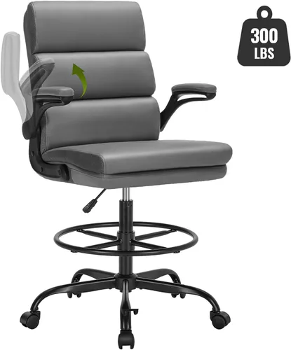 Miniatura 7 de Silla de Dibujo Silla Alta de Oficina con Reposabrazos Abatibles Acolchados, Silla de Escritorio de Pie Ergonómica Ejecutiva para Computadora