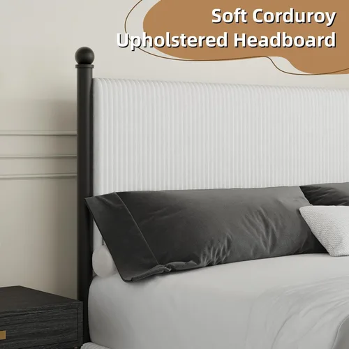 Miniatura 4 de BarnFurin Base de cama tamaño matrimonial con cabecero, cama tapizada de plataforma de metal con terciopelo de pana y listones de madera, diseño