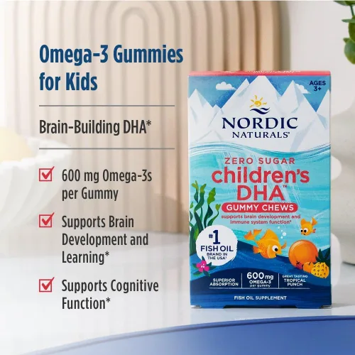 Miniatura 3 de Nordic Naturals Zero Sugar - Gomitas masticables de DHA para niños, Tropical Punch, 30 gomitas masticables para niños, 600 mg de omega-3 totales
