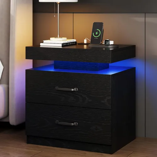 Miniatura 3 de Mesita de noche negra con estación de carga, moderna mesita de noche con luces LED, mesa auxiliar con 2 cajones para dormitorio, sala de estar